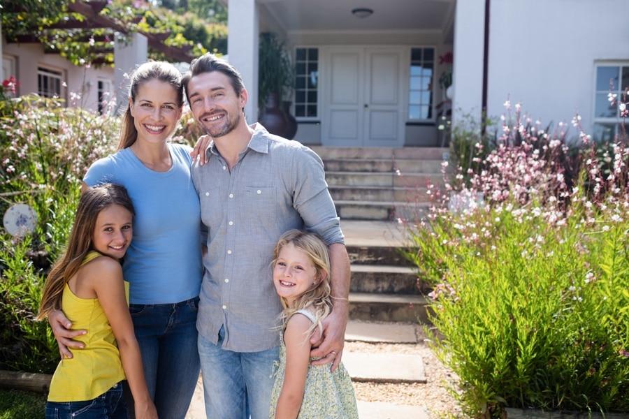 Portrait of family standing together on garden path